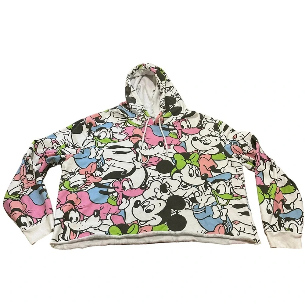 Disney Mickey Mouse Hoodie Sweater Cropped AOP Minnie Goofy Pluto Women’s Sz 2X - Picture 2 of 8